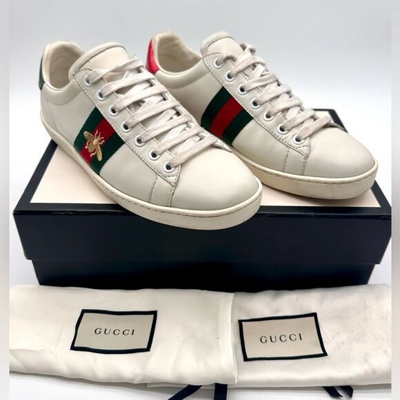 Gucci Ace Bee Embroidered Sneakers White leather Web Stripe Size EU 39.5 US 9.5 - Picture 2 of 14